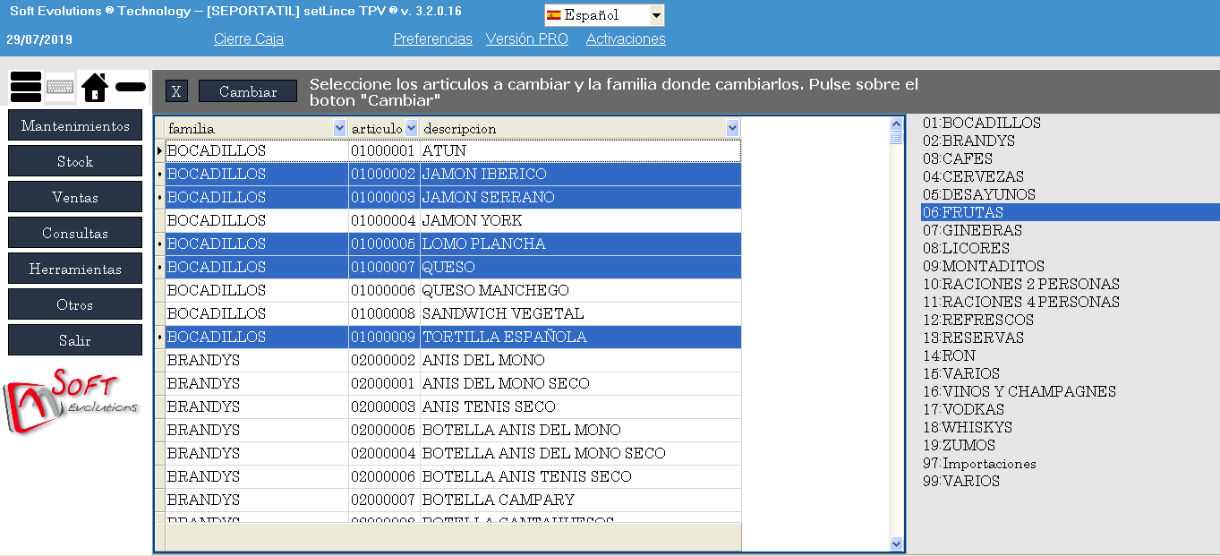 cambio de artículos de familia en set Lince TPV