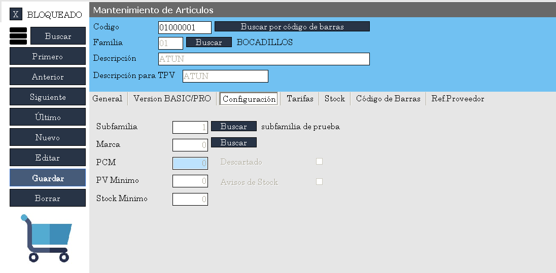 mantenimiento de articulos, seccion configuracion de articulos