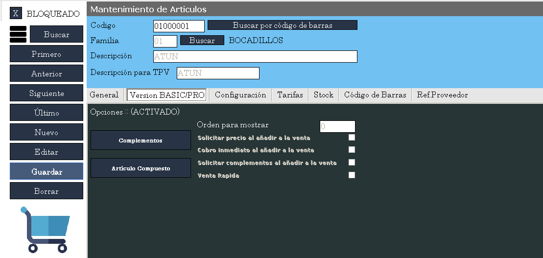 mantenimiento de articulos, version basic o versio npro