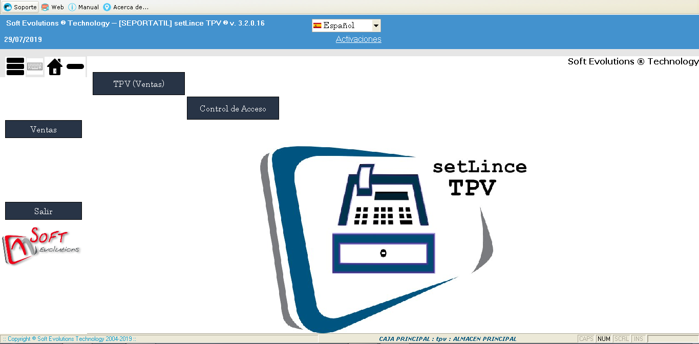 Pantalla principal con acceso a las principales funcionalidades para usuario tpv