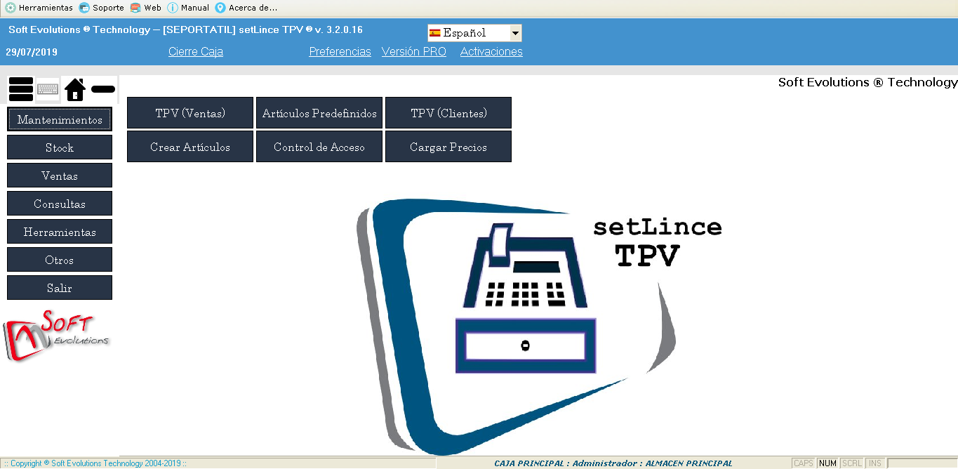 Pantalla principal con acceso a las principales funcionalidades